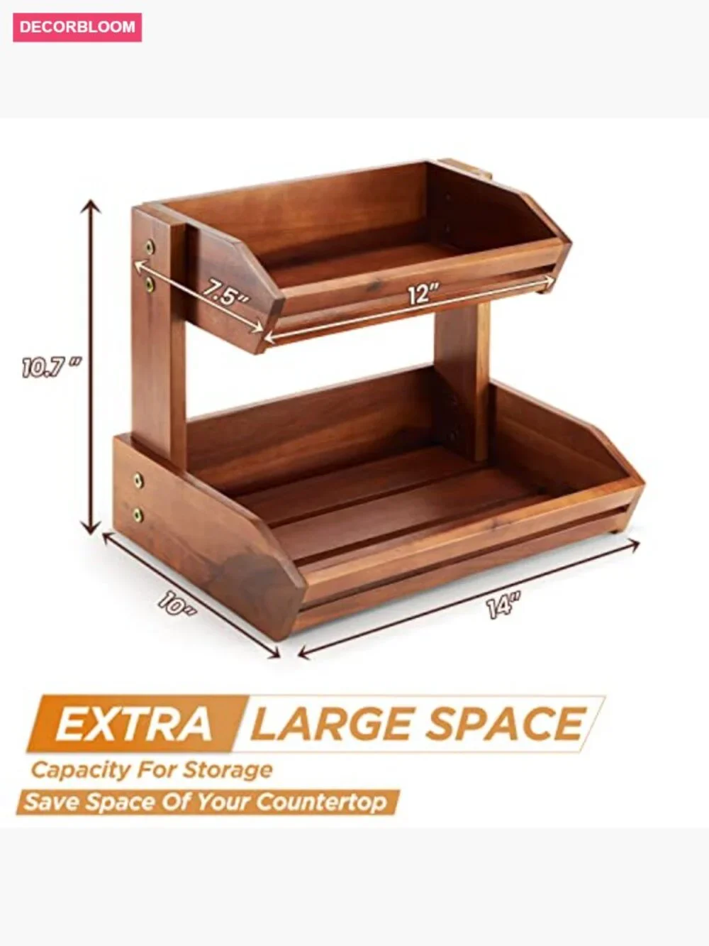 2-Tier Acacia Wood Fruit Basket for Kitchen Counter Storage